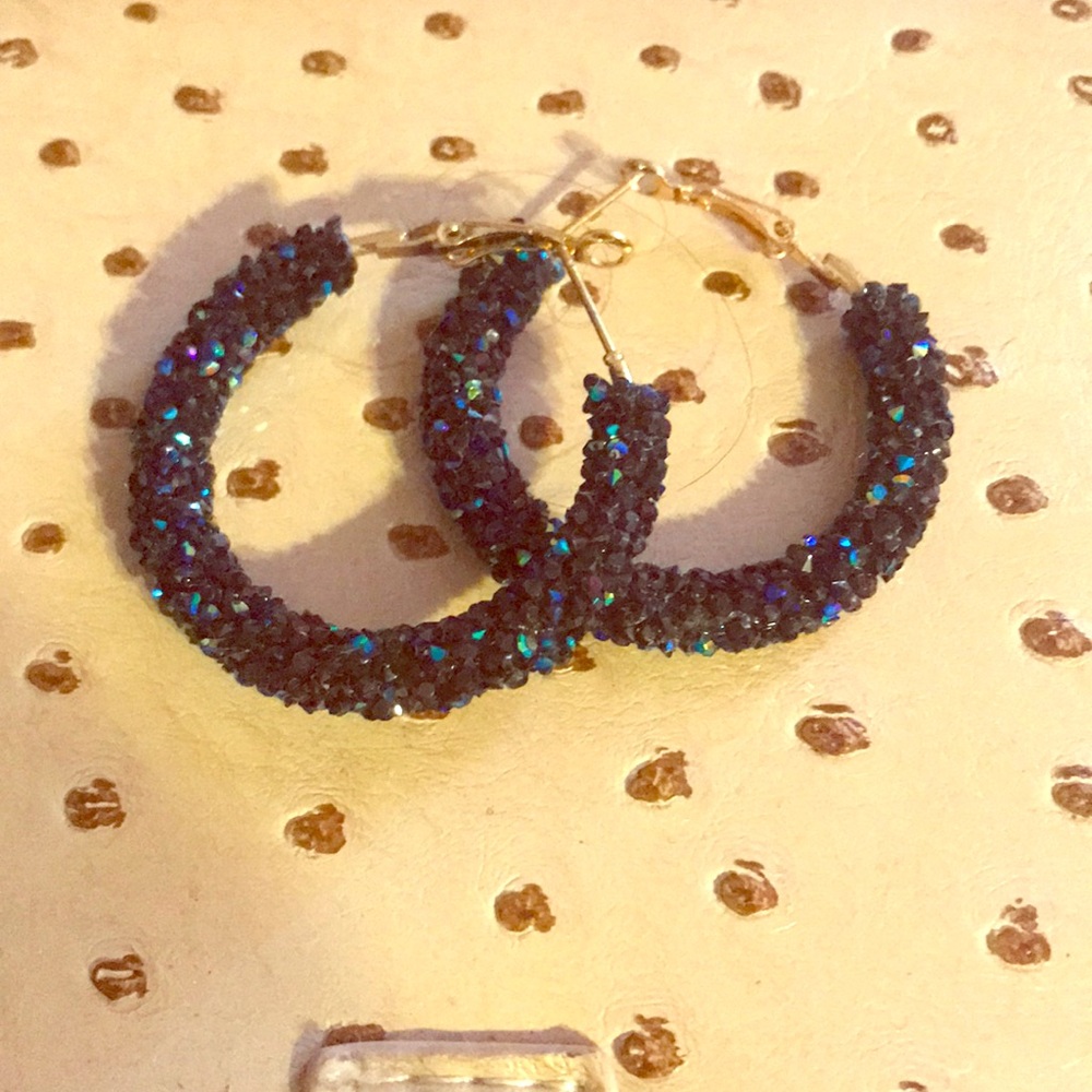 Gold hoops, with navy/green sparkles
